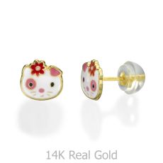 14K Yellow Gold Kid's Stud Earrings - Cutie Cat
