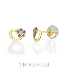 14K Yellow Gold Kid's Stud Earrings - Daisy Heart - Lilac