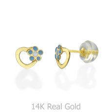 14K Yellow Gold Kid's Stud Earrings - Daisy Heart - Blue