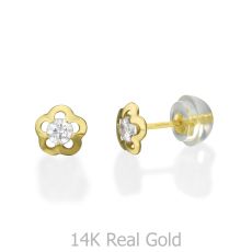14K Yellow Gold Kid's Stud Earrings - Jasmine Flower - Small