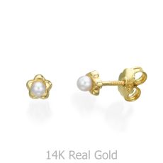14K Yellow Gold Kid's Stud Earrings - Flowering Pearl - Small