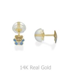 14K Yellow Gold Kid's Stud Earrings - Colorful Teddy - Blue