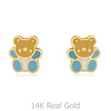 14K Yellow Gold Kid's Stud Earrings - Colorful Teddy - Blue