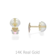 14K Yellow Gold Kid's Stud Earrings - Colorful Teddy - Pink