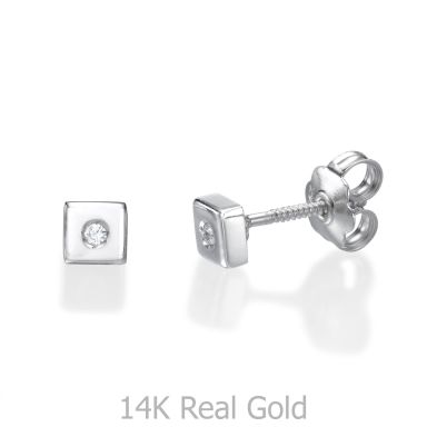 14K White Gold Kid's Stud Earrings - Sparkling Square