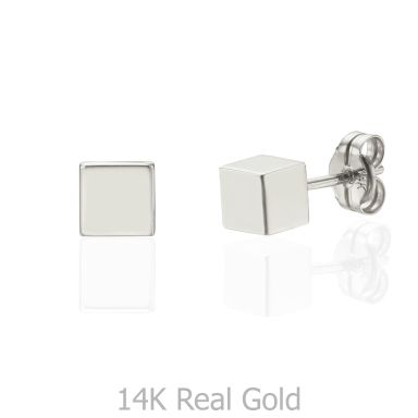 14K White Gold Women's Earrings - Golden Cube - Large