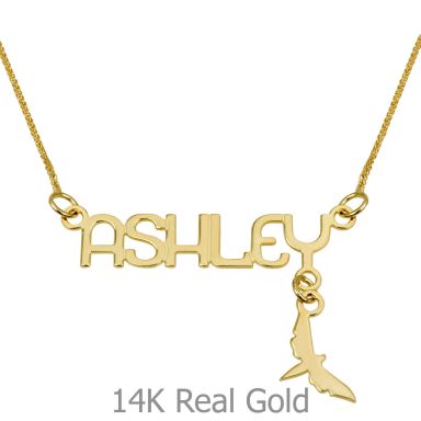 14K Yellow Gold Name Necklace "Coral" English with decor "Birdie"