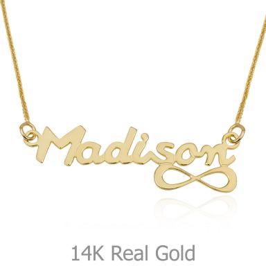 14K Yellow Gold Name Necklace "Gold" English with decor "Infinity"