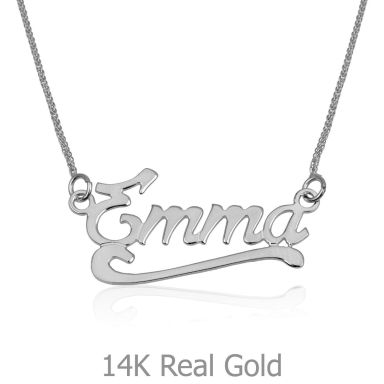 14K White Gold Name Necklace "Diamond" English with decor "Swoosh"