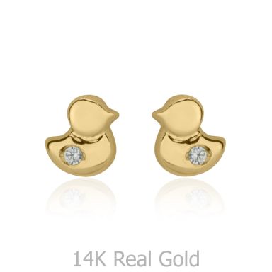 14K Yellow Gold Kid's Stud Earrings - Sparkling Chick