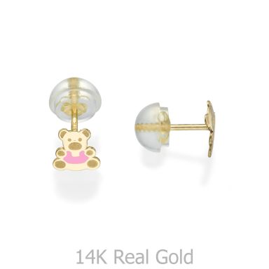 14K Yellow Gold Kid's Stud Earrings - Colorful Teddy