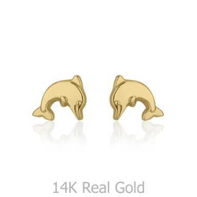 14K Yellow Gold Kid's Stud Earrings - Joyous Dolphin