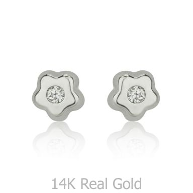 14K White Gold Kid's Stud Earrings - Tiny Sparkling Flower