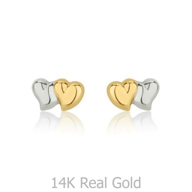 14K White & Yellow Gold Kid's Stud Earrings - Touching Hearts