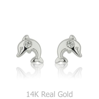 14K White Gold Kid's Stud Earrings - Sparkling Dolphin