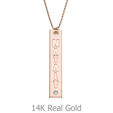 Vertical Bar Necklace with Name Engraving, in Rose Gold with a Diamond