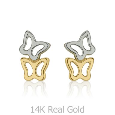 14K White & Yellow Gold Kid's Stud Earrings - Butterfly in Two Colors