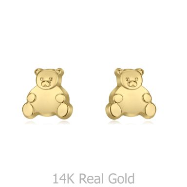 14K Yellow Gold Kid's Stud Earrings - Smiling Teddy