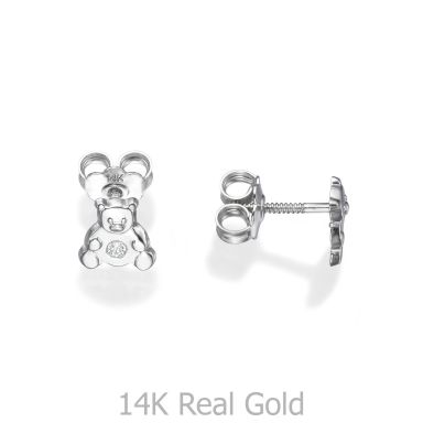 14K White Gold Kid's Stud Earrings - Sparkling Teddy