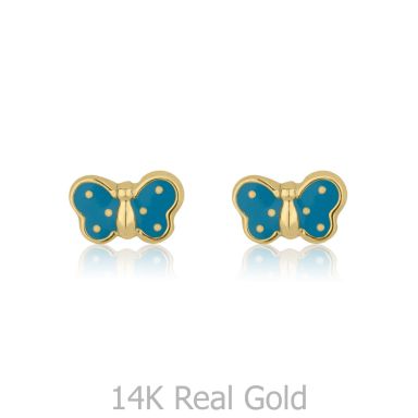 14K Yellow Gold Kid's Stud Earrings - Fluttering Butterfly