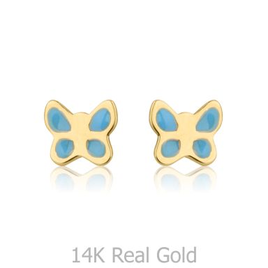 14K Yellow Gold Kid's Stud Earrings - Blue Butterfly