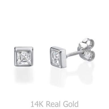14K White Gold Kid's Stud Earrings - Intriguing Square