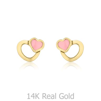 14K Yellow Gold Kid's Stud Earrings - Optimistic Hearts