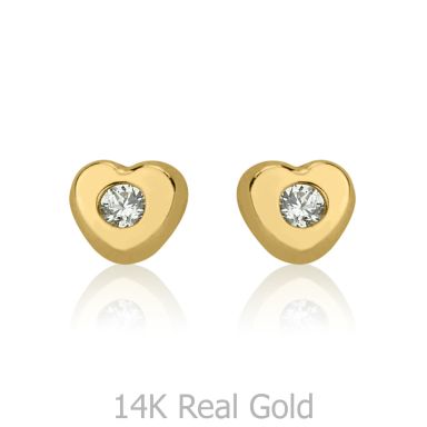14K Yellow Gold Kid's Stud Earrings - Sparkling Heart - Small