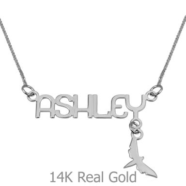14K White Gold Name Necklace "Coral" English with decor "Birdie"