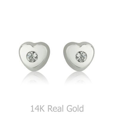 14K White Gold Kid's Stud Earrings - Sparkling Heart - Small