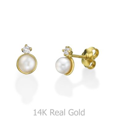 14K Yellow Gold Kid's Stud Earrings - Pearl of Hugs and a Wink