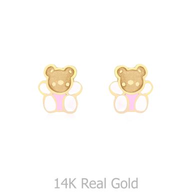 14K Yellow Gold Kid's Stud Earrings - Colorful Teddy - Pink