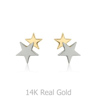 14K White & Yellow Gold Kid's Stud Earrings - Two Stars